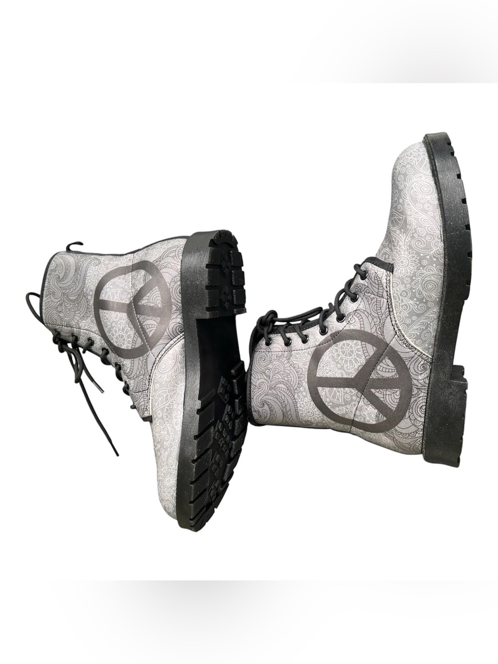 Yes We Vibe Peace Sign Grey Floral Paisley Vegan Leather Combat Boots Size 7.5